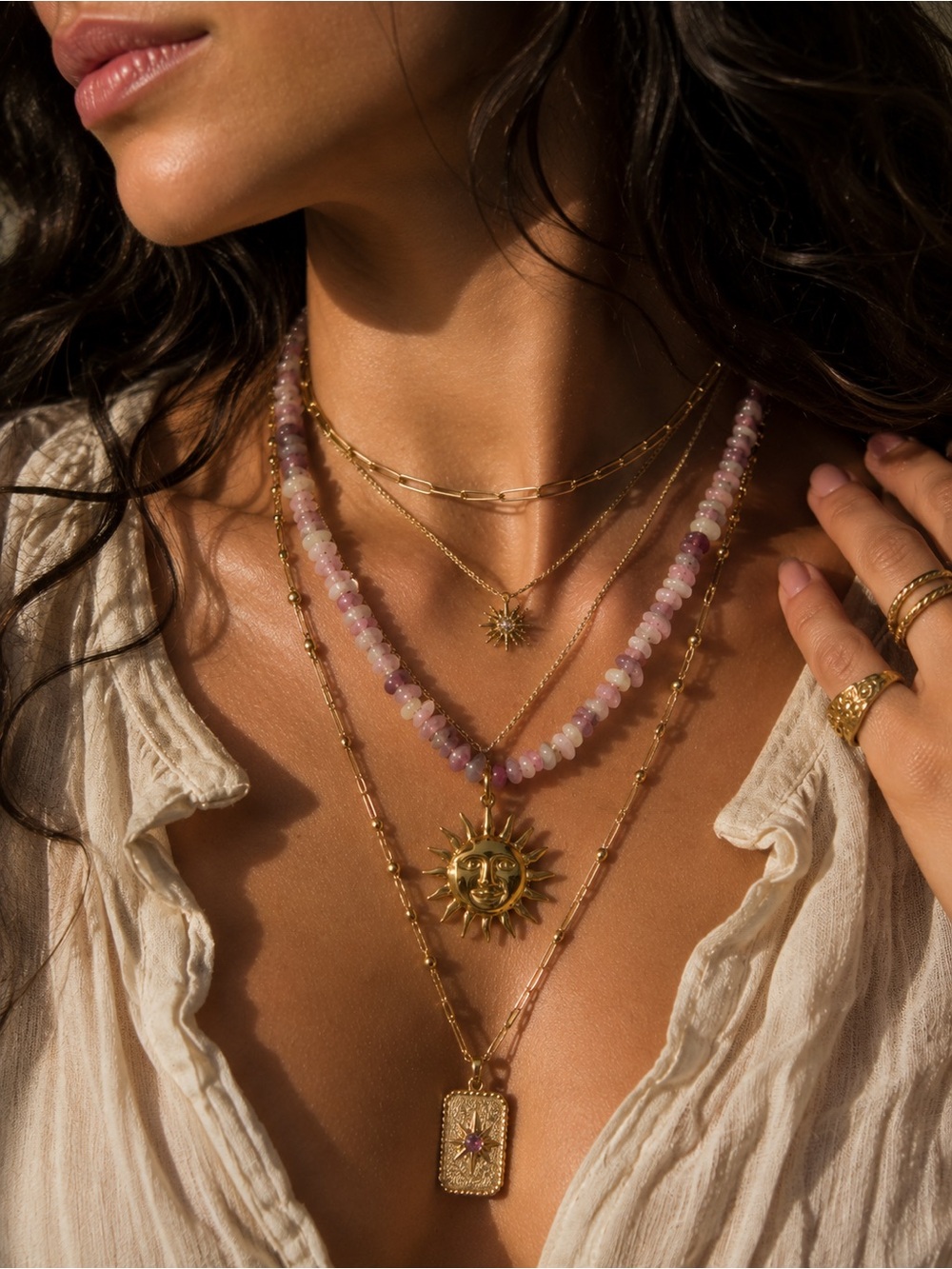 Gold Sun & Bead Necklace Set with Pink and purple stone Beads